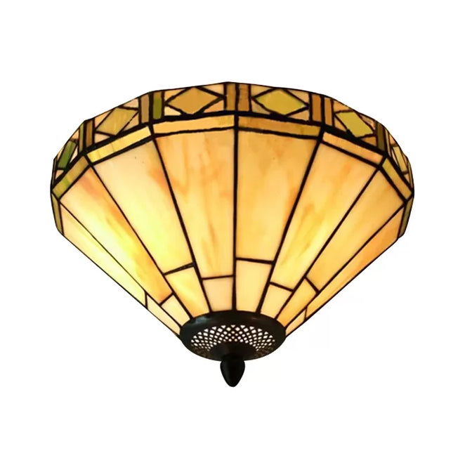 White Stained Glass Ceiling Light, 2-Light Medium Flush Mount with Tiffany Style Cone Shade
