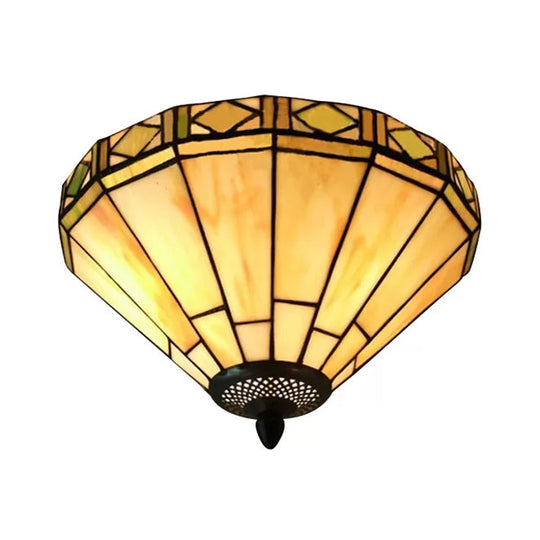 White Stained Glass Ceiling Light, 2-Light Medium Flush Mount with Tiffany Style Cone Shade