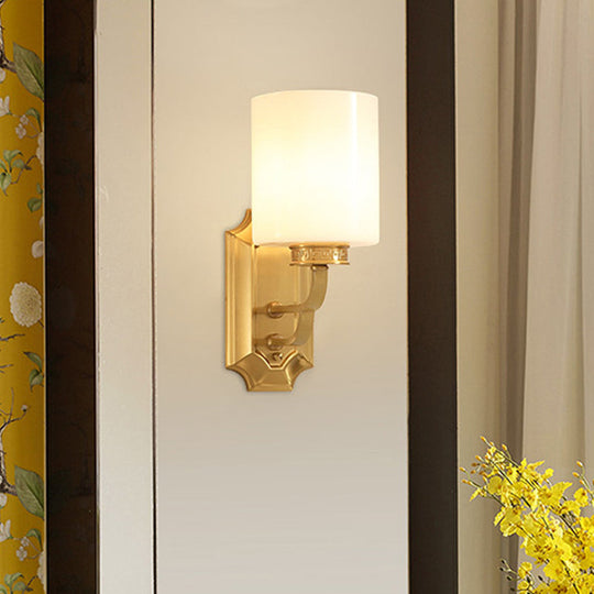 Modern Brass Drum Opal Glass Wall Sconce Lighting Fixture: Stylish 1-Light for Living Room