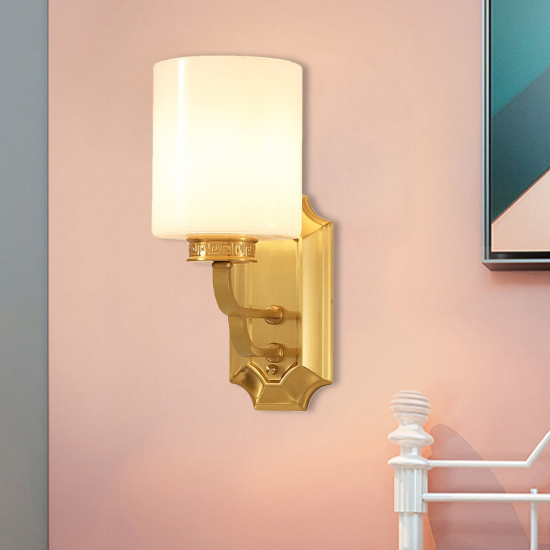 Modern Brass Drum Opal Glass Wall Sconce Lighting Fixture: Stylish 1-Light for Living Room