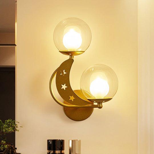 Modern Style Black/Gold Ball Wall Sconce: 2-Light Clear Glass Wall Mount Lamp Kit