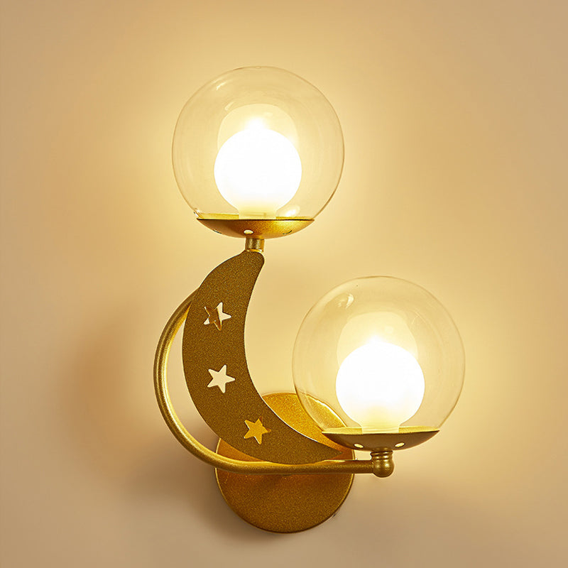 Modern Style Black/Gold Ball Wall Sconce: 2-Light Clear Glass Wall Mount Lamp Kit