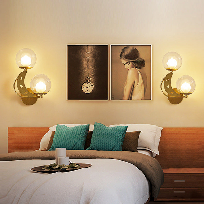 Modern Style Black/Gold Ball Wall Sconce: 2-Light Clear Glass Wall Mount Lamp Kit