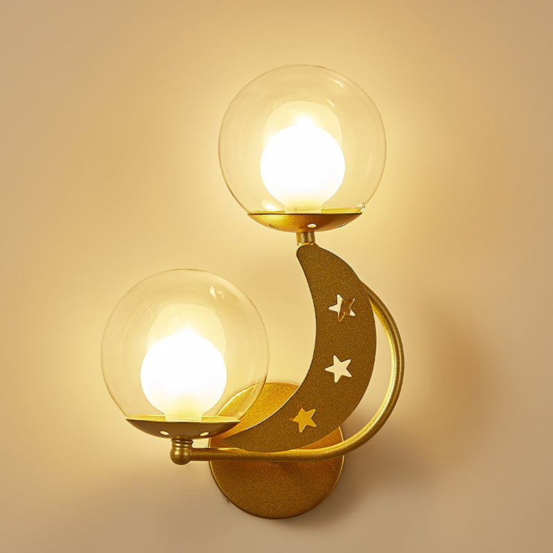 Modern Style Black/Gold Ball Wall Sconce: 2-Light Clear Glass Wall Mount Lamp Kit