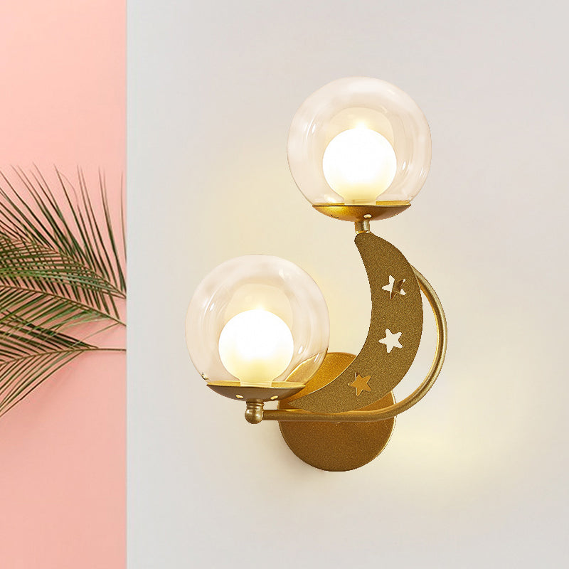 Modern Style Black/Gold Ball Wall Sconce: 2-Light Clear Glass Wall Mount Lamp Kit