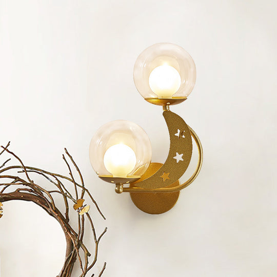 Modern Style Black/Gold Ball Wall Sconce: 2-Light Clear Glass Wall Mount Lamp Kit