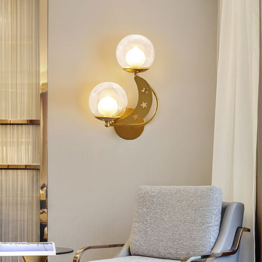 Modern Style Black/Gold Ball Wall Sconce: 2-Light Clear Glass Wall Mount Lamp Kit