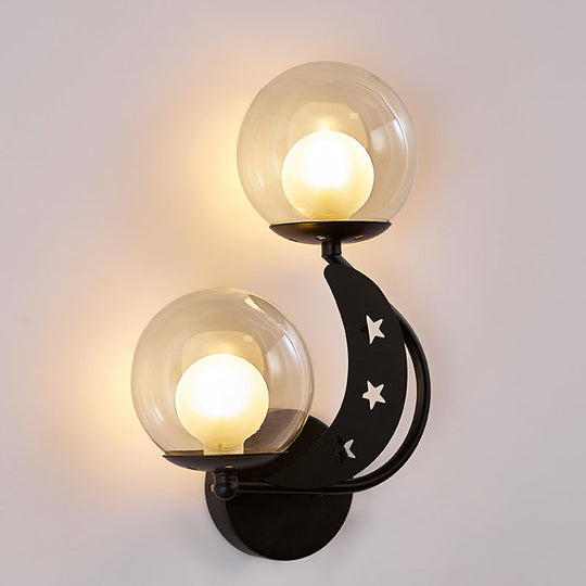 Modern Style Black/Gold Ball Wall Sconce: 2-Light Clear Glass Wall Mount Lamp Kit