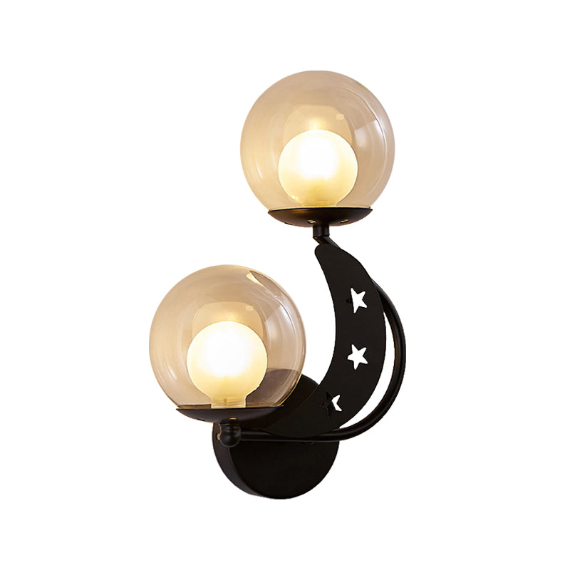 Modern Style Black/Gold Ball Wall Sconce: 2-Light Clear Glass Wall Mount Lamp Kit