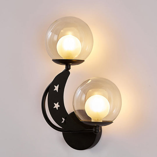 Modern Style Black/Gold Ball Wall Sconce: 2-Light Clear Glass Wall Mount Lamp Kit