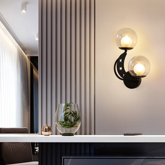 Modern Style Black/Gold Ball Wall Sconce: 2-Light Clear Glass Wall Mount Lamp Kit