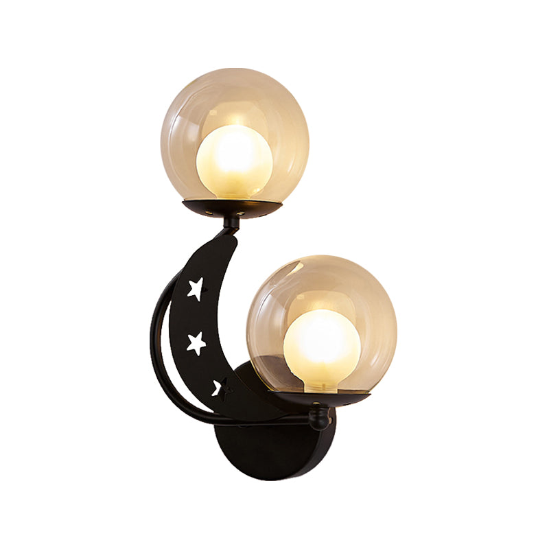 Modern Style Black/Gold Ball Wall Sconce: 2-Light Clear Glass Wall Mount Lamp Kit