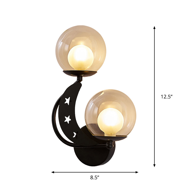 Modern Style Black/Gold Ball Wall Sconce: 2-Light Clear Glass Wall Mount Lamp Kit