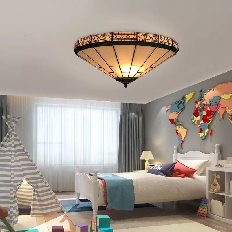 White Stained Glass Ceiling Light, 2-Light Medium Flush Mount with Tiffany Style Cone Shade