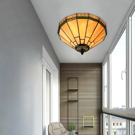 White Stained Glass Ceiling Light, 2-Light Medium Flush Mount with Tiffany Style Cone Shade