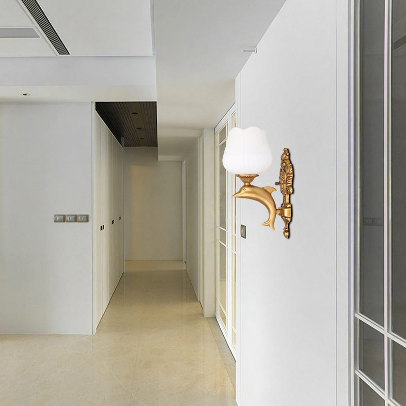 Vintage Style White Glass Wall Light with Golden Dolphin Deco