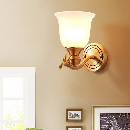 Modern Brass Finish Wall Lamp with White Glass Flared Shade - Bedroom Sconce Fixture