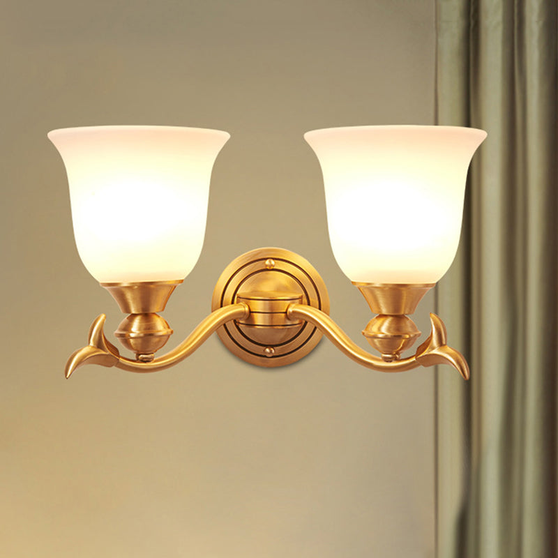 Modern Brass Finish Wall Lamp with White Glass Flared Shade - Bedroom Sconce Fixture