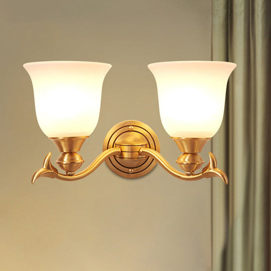 Modern Brass Finish Wall Lamp with White Glass Flared Shade - Bedroom Sconce Fixture