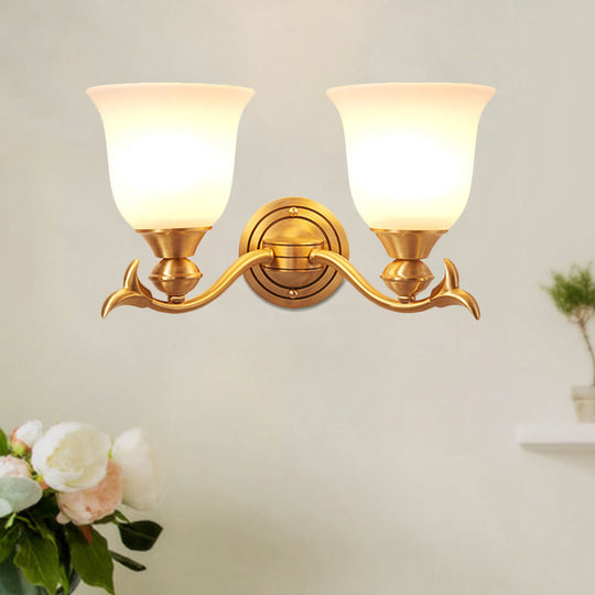 Modern Brass Finish Wall Lamp with White Glass Flared Shade - Bedroom Sconce Fixture