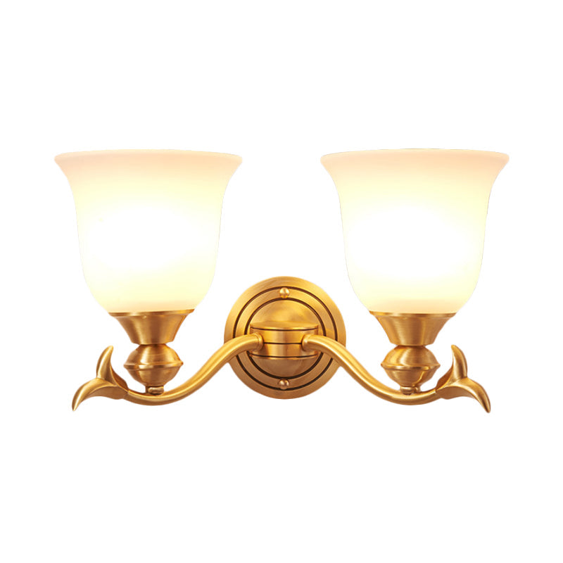 Modern Brass Finish Wall Lamp with White Glass Flared Shade - Bedroom Sconce Fixture