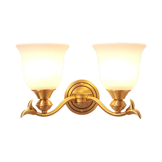 Modern Brass Finish Wall Lamp with White Glass Flared Shade - Bedroom Sconce Fixture