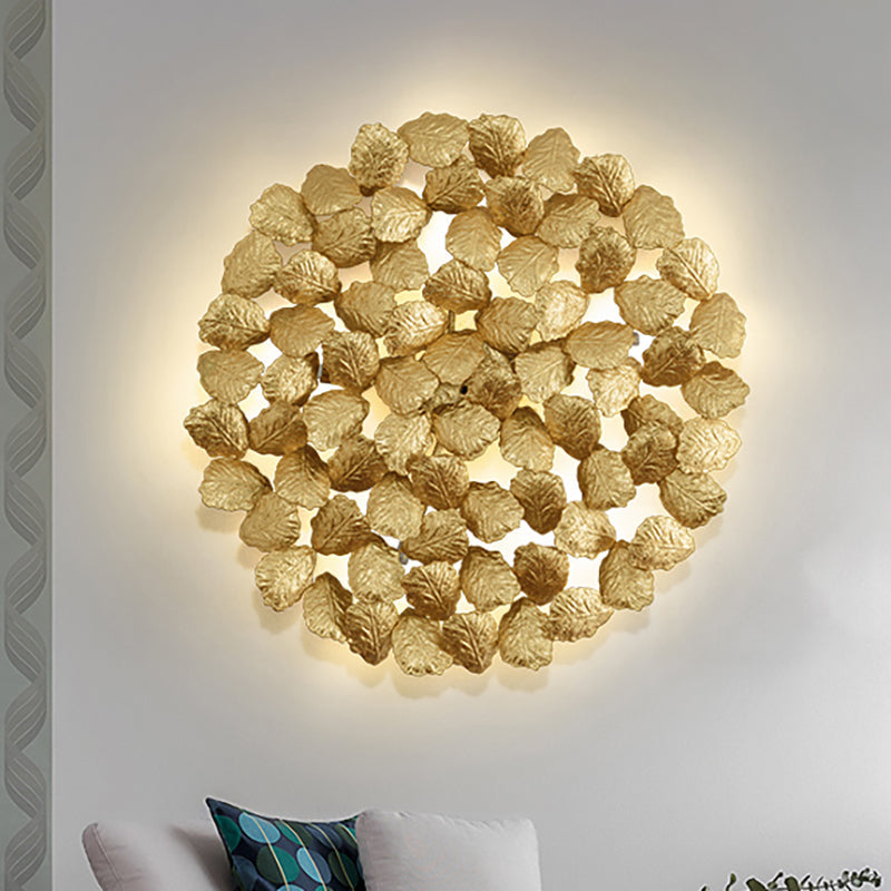Contemporary Aluminum Wall Lamp with Leaf Design - 4 Round Dark Coffee/Gold Lights