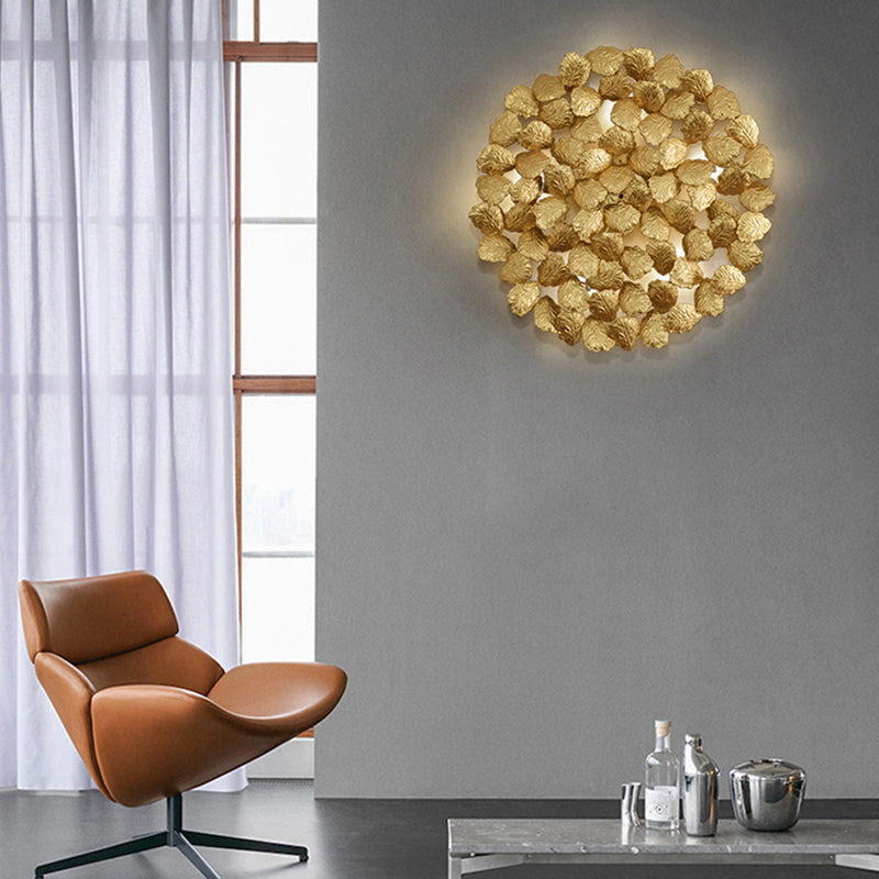 Contemporary Aluminum Wall Lamp with Leaf Design - 4 Round Dark Coffee/Gold Lights