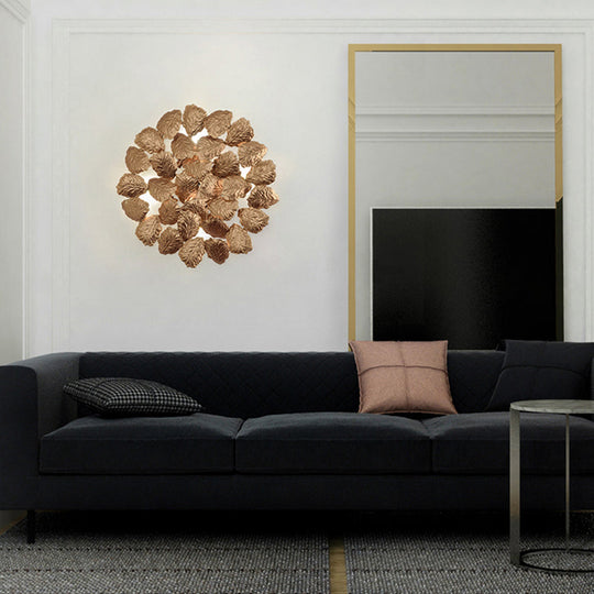 Contemporary Aluminum Wall Lamp with Leaf Design - 4 Round Dark Coffee/Gold Lights