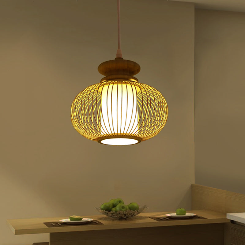 Black/Wood Bamboo Urn Pendant Light Fixture for Bedroom - 10"/12" Wide