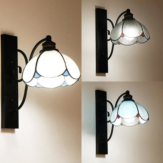 Stained Glass Wall Sconce with Scalloped Design and 3 Lights in White, Clear, and Blue