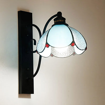 Stained Glass Wall Sconce with Scalloped Design and 3 Lights in White, Clear, and Blue