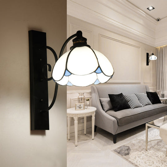 Stained Glass Wall Sconce with Scalloped Design and 3 Lights in White, Clear, and Blue