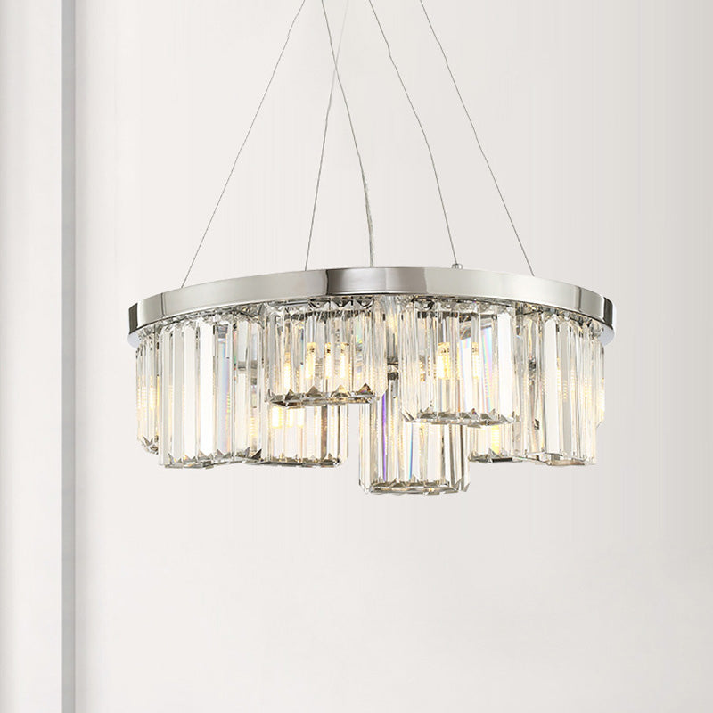 10-Light Chrome Cylinder Ceiling Chandelier with Rectangular-Cut Crystal Hanging Lamp Kit