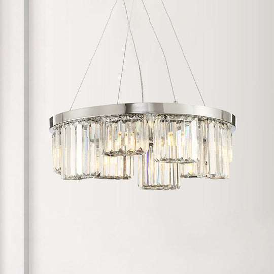 10-Light Chrome Cylinder Ceiling Chandelier with Rectangular-Cut Crystal Hanging Lamp Kit