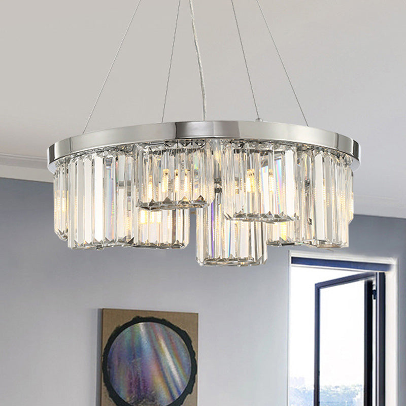 10-Light Chrome Cylinder Ceiling Chandelier with Rectangular-Cut Crystal Hanging Lamp Kit