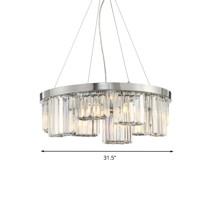 10-Light Chrome Cylinder Ceiling Chandelier with Rectangular-Cut Crystal Hanging Lamp Kit
