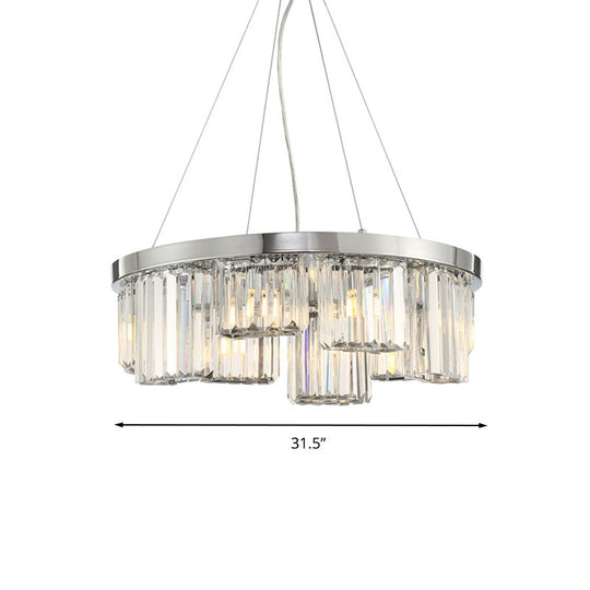 10-Light Chrome Cylinder Ceiling Chandelier with Rectangular-Cut Crystal Hanging Lamp Kit