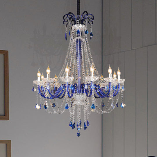 Modern Blue Crystal Candle Chandelier | 12-Light Hanging Ceiling Lamp for Balcony