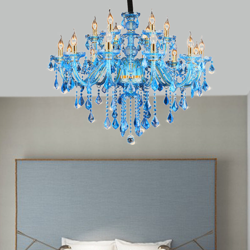 Modern Blue Glass Crystal Chandelier Light with Beveled Glass Pendant - 8/18 Heads, Shade/Shadeless Options, 28"/37.5" W