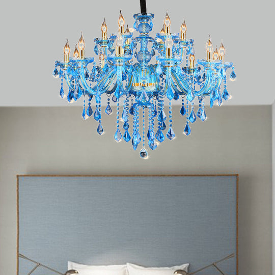 Modern Blue Glass Crystal Chandelier Light with Beveled Glass Pendant - 8/18 Heads, Shade/Shadeless Options, 28"/37.5" W