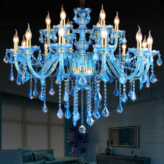 Modern Blue Glass Crystal Chandelier Light with Beveled Glass Pendant - 8/18 Heads, Shade/Shadeless Options, 28"/37.5" W
