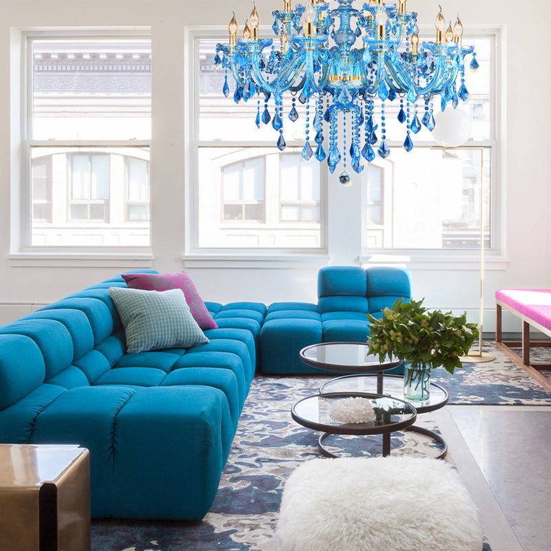 Modern Blue Glass Crystal Chandelier Light with Beveled Glass Pendant - 8/18 Heads, Shade/Shadeless Options, 28"/37.5" W