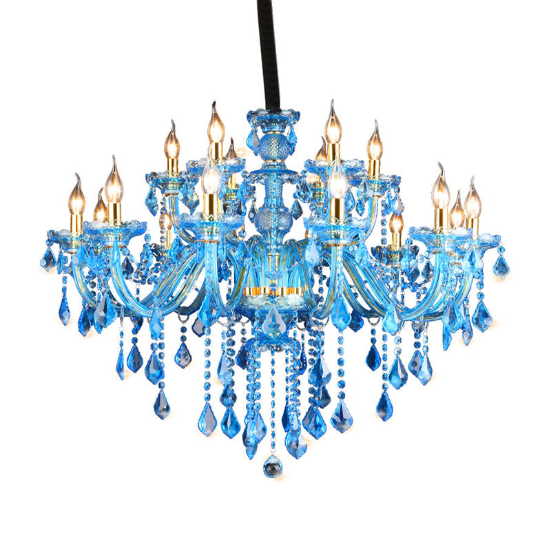 Modern Blue Glass Crystal Chandelier Light with Beveled Glass Pendant - 8/18 Heads, Shade/Shadeless Options, 28"/37.5" W