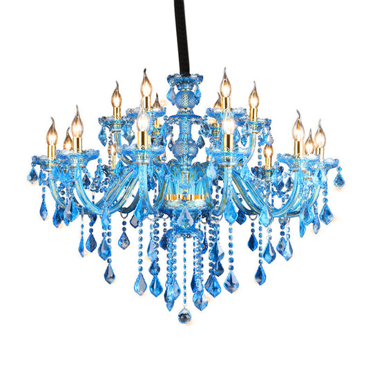 Modern Blue Glass Crystal Chandelier Light with Beveled Glass Pendant - 8/18 Heads, Shade/Shadeless Options, 28"/37.5" W