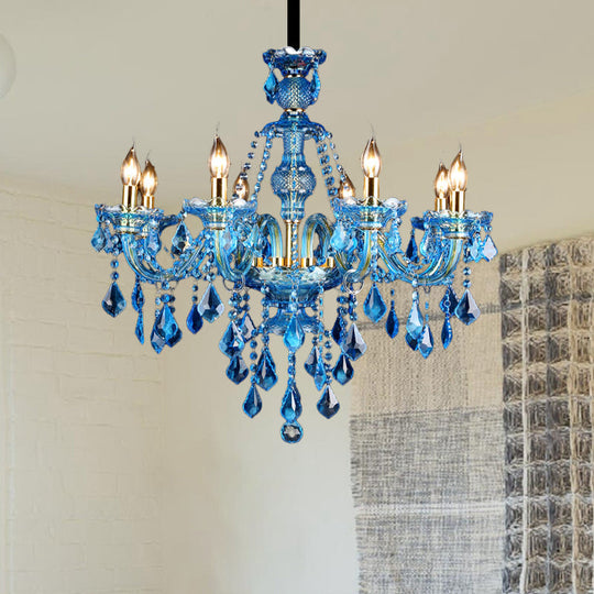 Modern Blue Glass Crystal Chandelier Light with Beveled Glass Pendant - 8/18 Heads, Shade/Shadeless Options, 28"/37.5" W