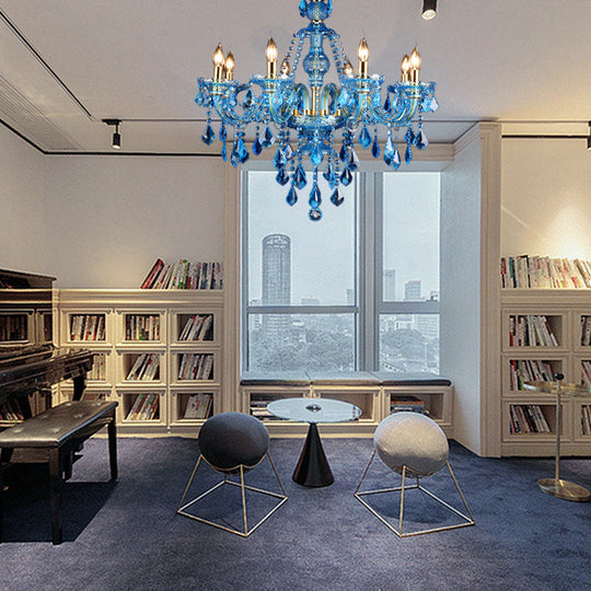 Modern Blue Glass Crystal Chandelier Light with Beveled Glass Pendant - 8/18 Heads, Shade/Shadeless Options, 28"/37.5" W