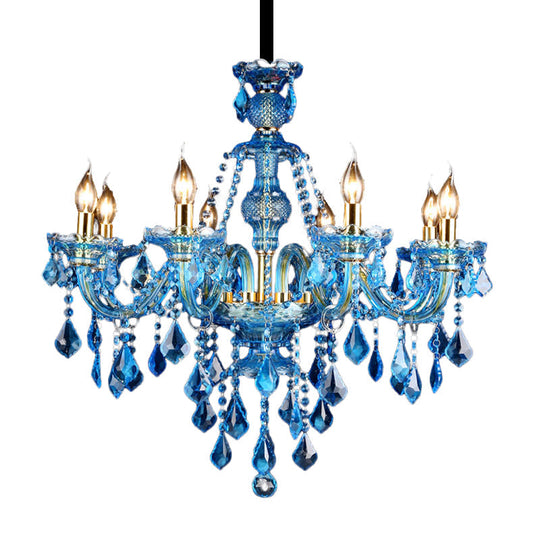 Modern Blue Glass Crystal Chandelier Light with Beveled Glass Pendant - 8/18 Heads, Shade/Shadeless Options, 28"/37.5" W