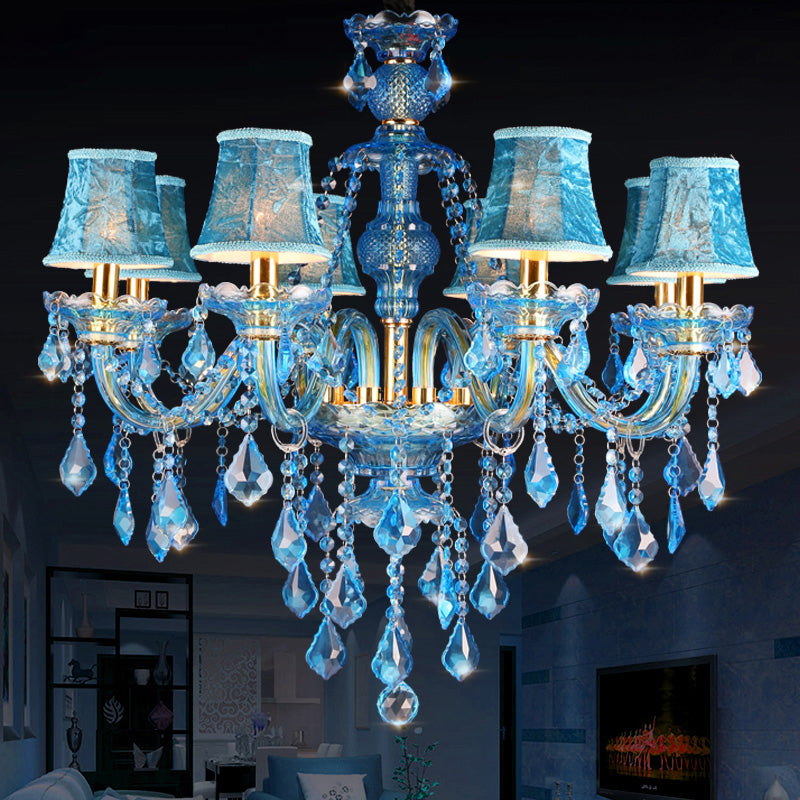 Modern Blue Glass Crystal Chandelier Light with Beveled Glass Pendant - 8/18 Heads, Shade/Shadeless Options, 28"/37.5" W