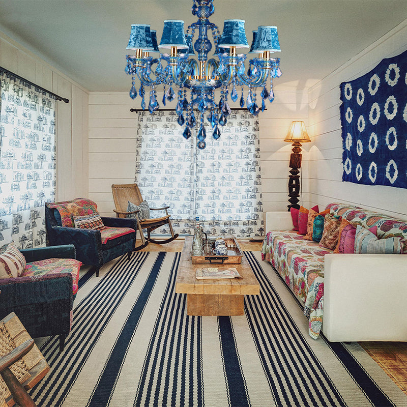 Modern Blue Glass Crystal Chandelier Light with Beveled Glass Pendant - 8/18 Heads, Shade/Shadeless Options, 28"/37.5" W